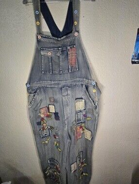 Blue Velvet Boho Embroidered Patchwork Denim Overalls Light Wash Medium XL